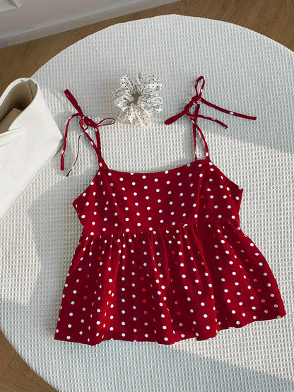 Playful Polka Dot Crop Top Women's Babydoll Cami Spaghetti Strap Lace Sleeveless Cute Casual Summer Spring Red Black Blue White Brown