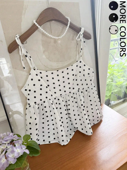 Playful Polka Dot Crop Top Women's Babydoll Cami Spaghetti Strap Lace Sleeveless Cute Casual Summer Spring Red Black Blue White Brown