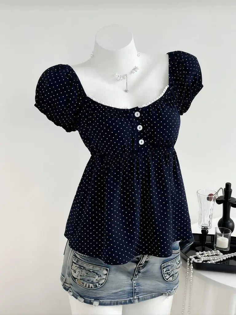 Vintage Polka Dot Babydoll Blouse Women's Puff Short Sleeve Chiffon Square Neck Korean Style Summer Top Navy Blue