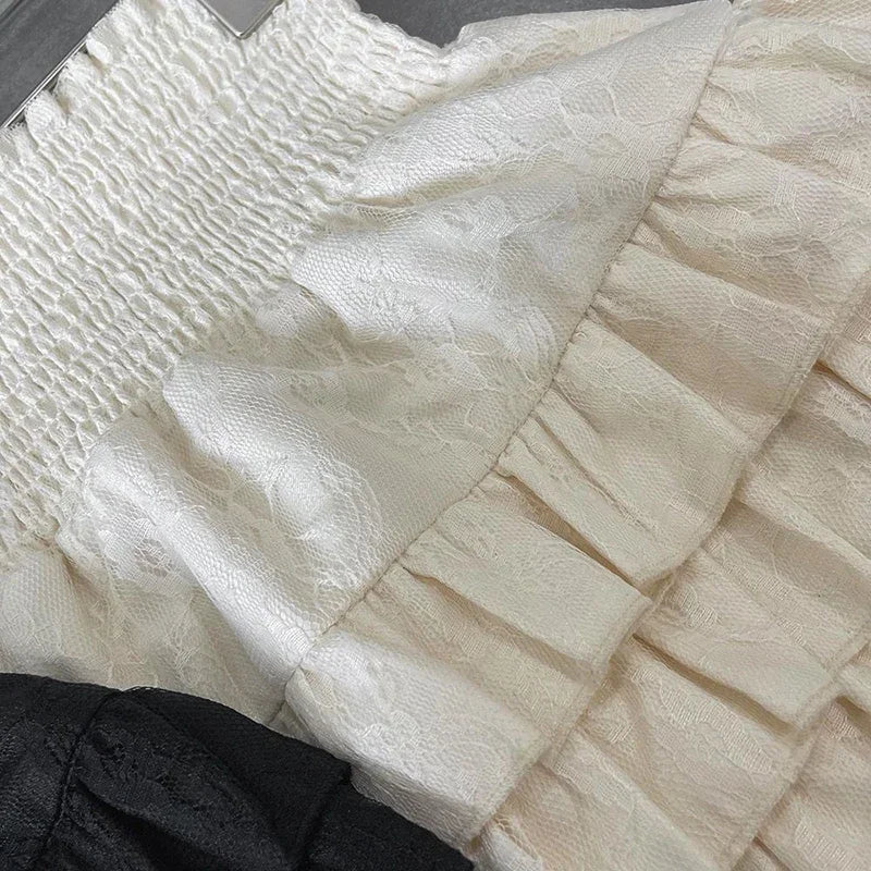 Playful High Waist Ruffle Mini Skirt Women's A-Line Lace Broadcloth, Cute Summer Streetwear, Black, Lightweight Fit