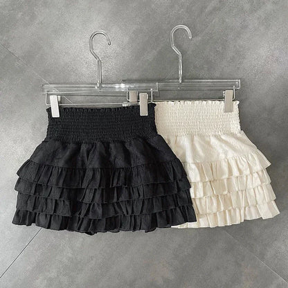 Playful High Waist Ruffle Mini Skirt Women's A-Line Lace Broadcloth, Cute Summer Streetwear, Black, Lightweight Fit