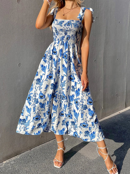 Floral Lace Corset Bodycon Dress Women's Knotted Straps Smocked Waist Party Wedding Guest Summer Blue Polyester