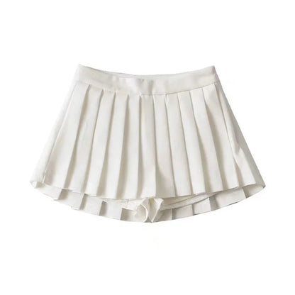 Vintage Pleated Mini Skirt Women's High Waist Broadcloth Casual Tennis Style Summer Empire Waist Apricot Black Gray White
