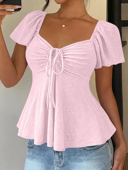 Elegant V Neck Lace Up Drawstring Blouse Women's Casual Short Sleeve Top Loose Fit Pullover Summer Workwear Lightweight Knit Yellow White Black