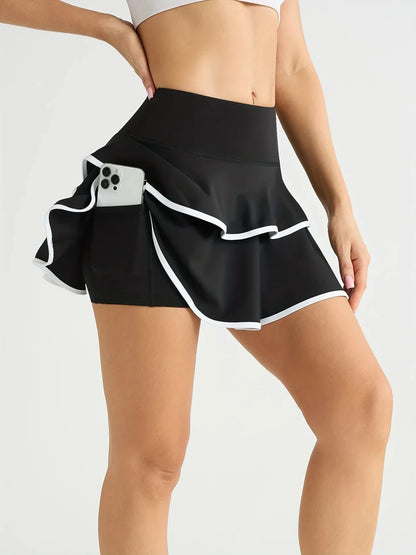 Sporty Pleated Tennis Skort Women’s High Waist Activewear Athleisure Quick Dry With Inner Pockets Golf Running Summer Color Block Knit Black