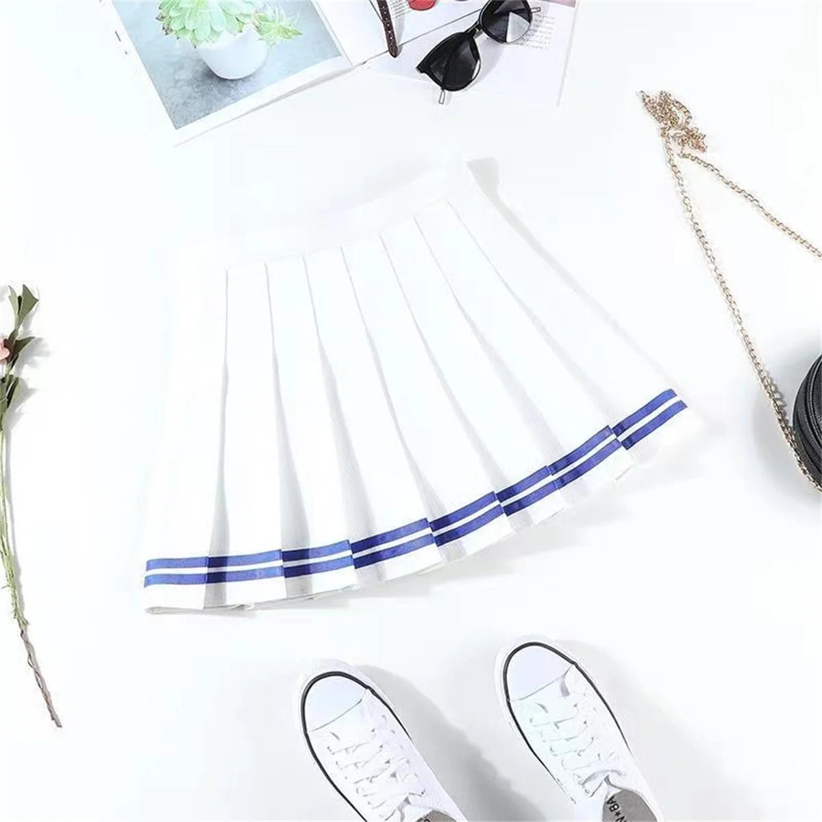 Preppy Pleated Mini Skirt Women’s High Waist A-Line Broadcloth Everyday Street Style, Spring Summer Blue Black Red White
