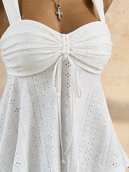 White Eyelet Lace Ruched Cami Top Women's Sleeveless Peplum Tie Front Casual Summer Knit White