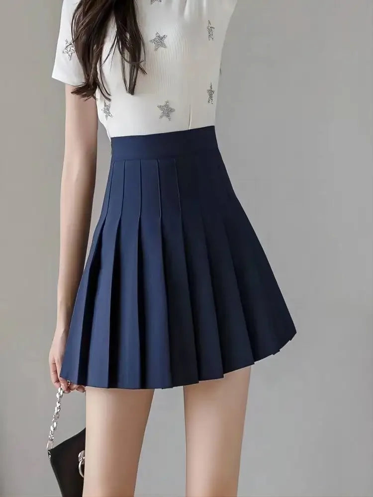 Trendy High Waist Pleated Mini Skirt for Women, Korean Tennis Style, Casual Summer Outfit, Lightweight Polyester, Solid Color