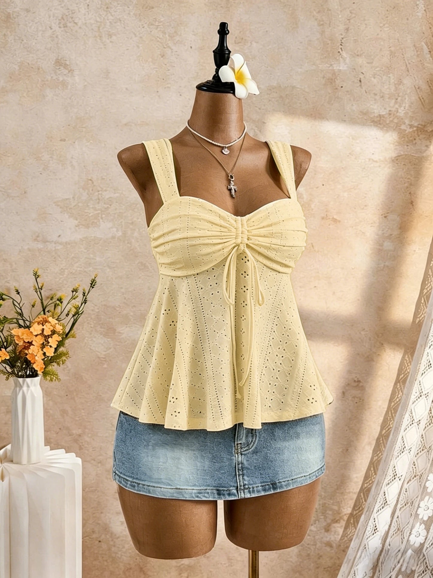 White Eyelet Lace Ruched Cami Top Women's Sleeveless Peplum Tie Front Casual Summer Knit White