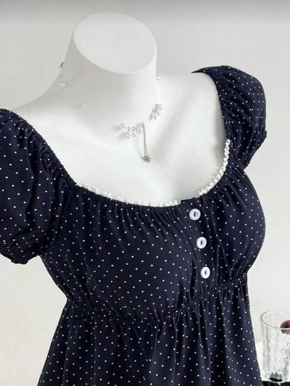 Vintage Polka Dot Babydoll Blouse Women's Puff Short Sleeve Chiffon Square Neck Korean Style Summer Top Navy Blue