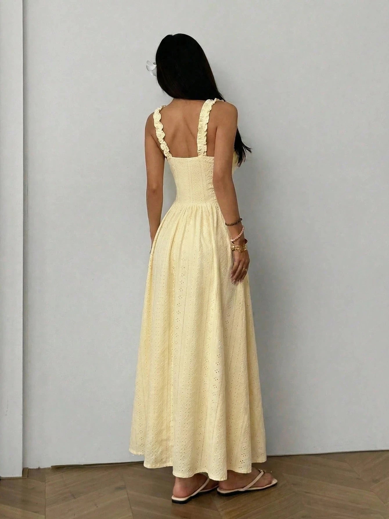 Summer Knit Maxi Dress Women's Casual Sleeveless Spaghetti Strap Pullover Beachwear Lightweight Yellow Polyester Warm Weather
