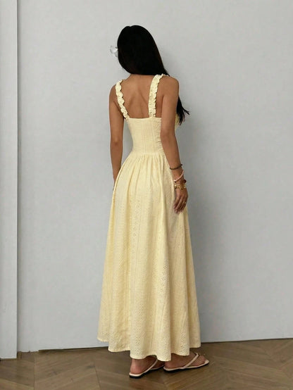 Summer Knit Maxi Dress Women's Casual Sleeveless Spaghetti Strap Pullover Beachwear Lightweight Yellow Polyester Warm Weather