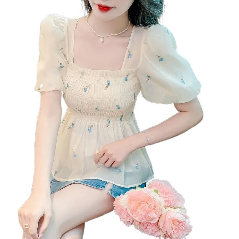 French Style Floral Chiffon Top Women's Puff Sleeve Square Neck Slim Fit Summer Blouse Lightweight Flower Print Red Blue