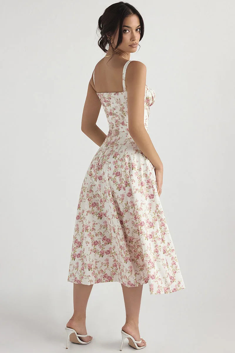 Elegant Floral Halter Camisole Dress Women's Summer Occasionwear Lightweight Natural Fiber Polyester White Multi Deep Blue