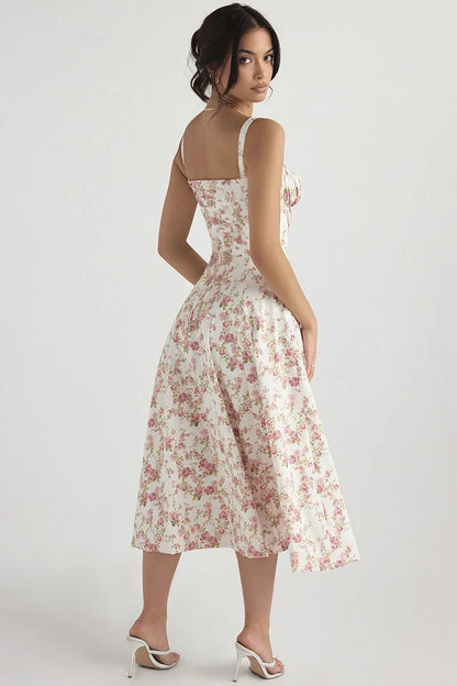 Elegant Floral Halter Camisole Dress Women's Summer Occasionwear Lightweight Natural Fiber Polyester White Multi Deep Blue