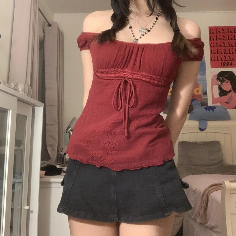 Vintage Y2K Square Collar Crop Top for Women, Bow Detail, Short Puff Sleeve Fairycore Summer Tee, Regular Fit, Black Red White