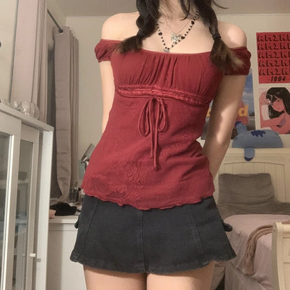 Vintage Y2K Square Collar Crop Top for Women, Bow Detail, Short Puff Sleeve Fairycore Summer Tee, Regular Fit, Black Red White