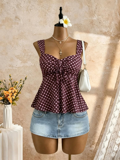 White Eyelet Lace Ruched Cami Top Women's Sleeveless Peplum Tie Front Casual Summer Knit White