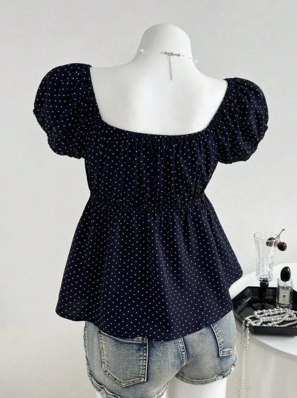 Vintage Polka Dot Babydoll Blouse Women's Puff Short Sleeve Chiffon Square Neck Korean Style Summer Top Navy Blue