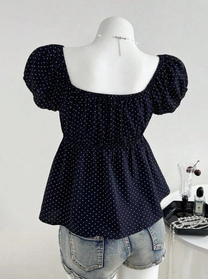 Vintage Polka Dot Babydoll Blouse Women's Puff Short Sleeve Chiffon Square Neck Korean Style Summer Top Navy Blue