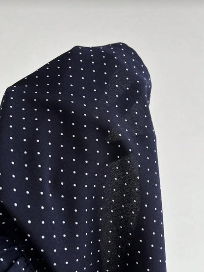 Vintage Polka Dot Babydoll Blouse Women's Puff Short Sleeve Chiffon Square Neck Korean Style Summer Top Navy Blue