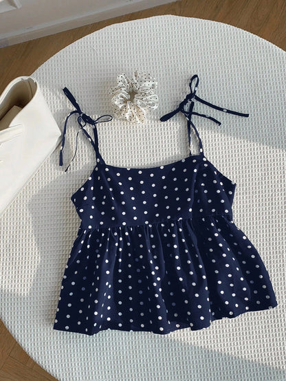 Playful Polka Dot Crop Top Women's Babydoll Cami Spaghetti Strap Lace Sleeveless Cute Casual Summer Spring Red Black Blue White Brown