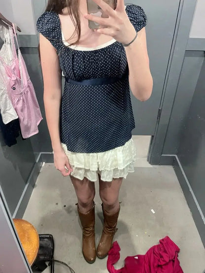 Y2K Babydoll Crop Top for Women V Neck Cap Sleeve Lace Tie Back Slim Fit Flowy Polka Dot Fairy Grunge Summer Blouse
