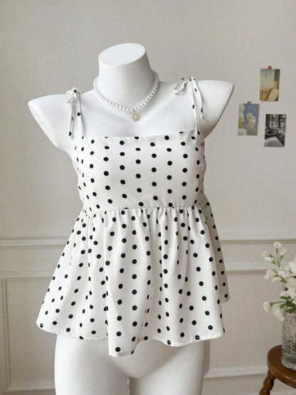 Playful Polka Dot Crop Top Women's Babydoll Cami Spaghetti Strap Lace Sleeveless Cute Casual Summer Spring Red Black Blue White Brown