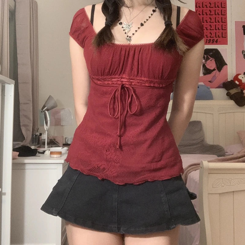Vintage Y2K Square Collar Crop Top for Women, Bow Detail, Short Puff Sleeve Fairycore Summer Tee, Regular Fit, Black Red White