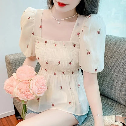 French Style Floral Chiffon Top Women's Puff Sleeve Square Neck Slim Fit Summer Blouse Lightweight Flower Print Red Blue