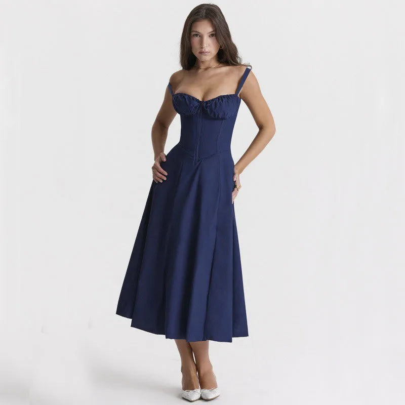 Elegant Floral Halter Camisole Dress Women's Summer Occasionwear Lightweight Natural Fiber Polyester White Multi Deep Blue