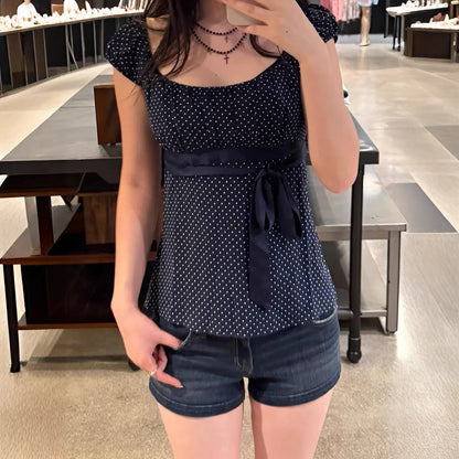 Y2K Babydoll Crop Top for Women V Neck Cap Sleeve Lace Tie Back Slim Fit Flowy Polka Dot Fairy Grunge Summer Blouse