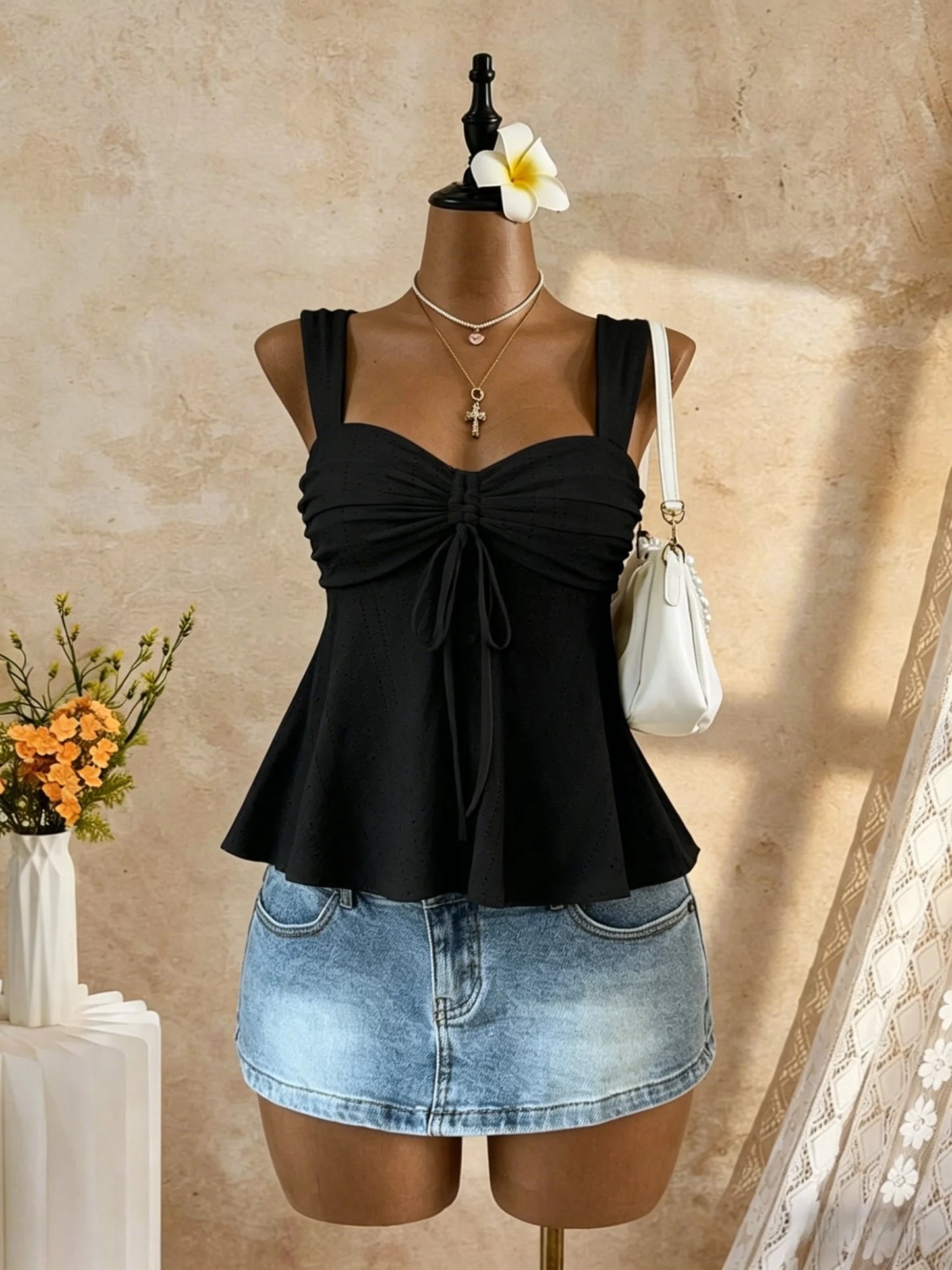White Eyelet Lace Ruched Cami Top Women's Sleeveless Peplum Tie Front Casual Summer Knit White