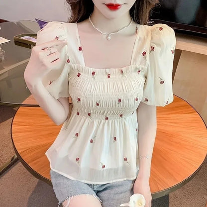 French Style Floral Chiffon Top Women's Puff Sleeve Square Neck Slim Fit Summer Blouse Lightweight Flower Print Red Blue