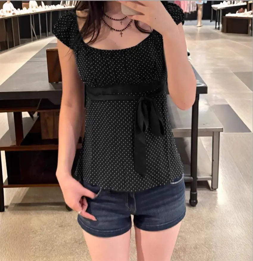 Y2K Babydoll Crop Top for Women V Neck Cap Sleeve Lace Tie Back Slim Fit Flowy Polka Dot Fairy Grunge Summer Blouse