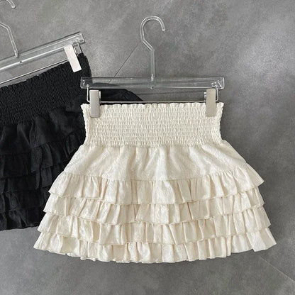 Playful High Waist Ruffle Mini Skirt Women's A-Line Lace Broadcloth, Cute Summer Streetwear, Black, Lightweight Fit