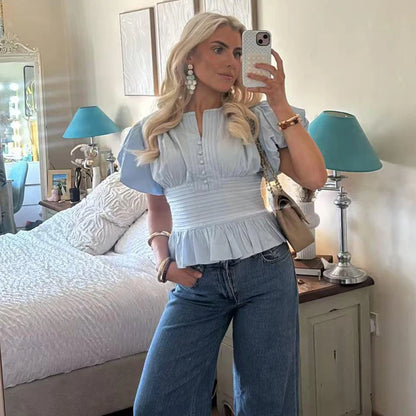 Ruffle Puff Sleeve Blouse Women's Slim Fit Cropped Single Breasted Casual Summer Top Lightweight Sky Blue