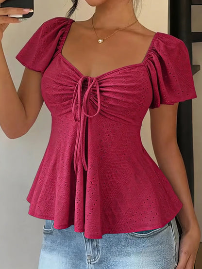 Elegant V Neck Lace Up Drawstring Blouse Women's Casual Short Sleeve Top Loose Fit Pullover Summer Workwear Lightweight Knit Yellow White Black