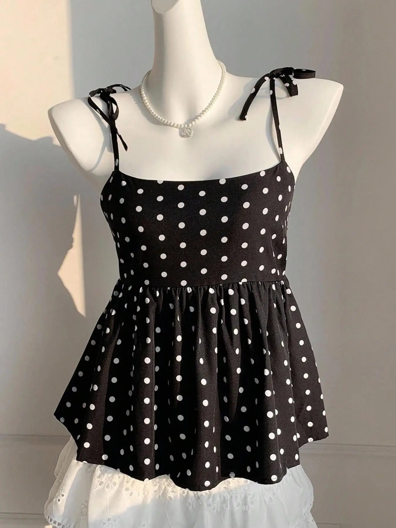 Playful Polka Dot Crop Top Women's Babydoll Cami Spaghetti Strap Lace Sleeveless Cute Casual Summer Spring Red Black Blue White Brown