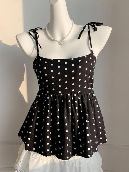 Playful Polka Dot Crop Top Women's Babydoll Cami Spaghetti Strap Lace Sleeveless Cute Casual Summer Spring Red Black Blue White Brown