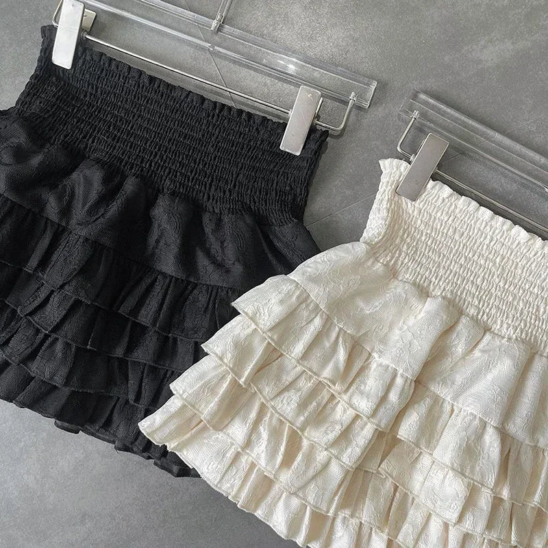 Playful High Waist Ruffle Mini Skirt Women's A-Line Lace Broadcloth, Cute Summer Streetwear, Black, Lightweight Fit