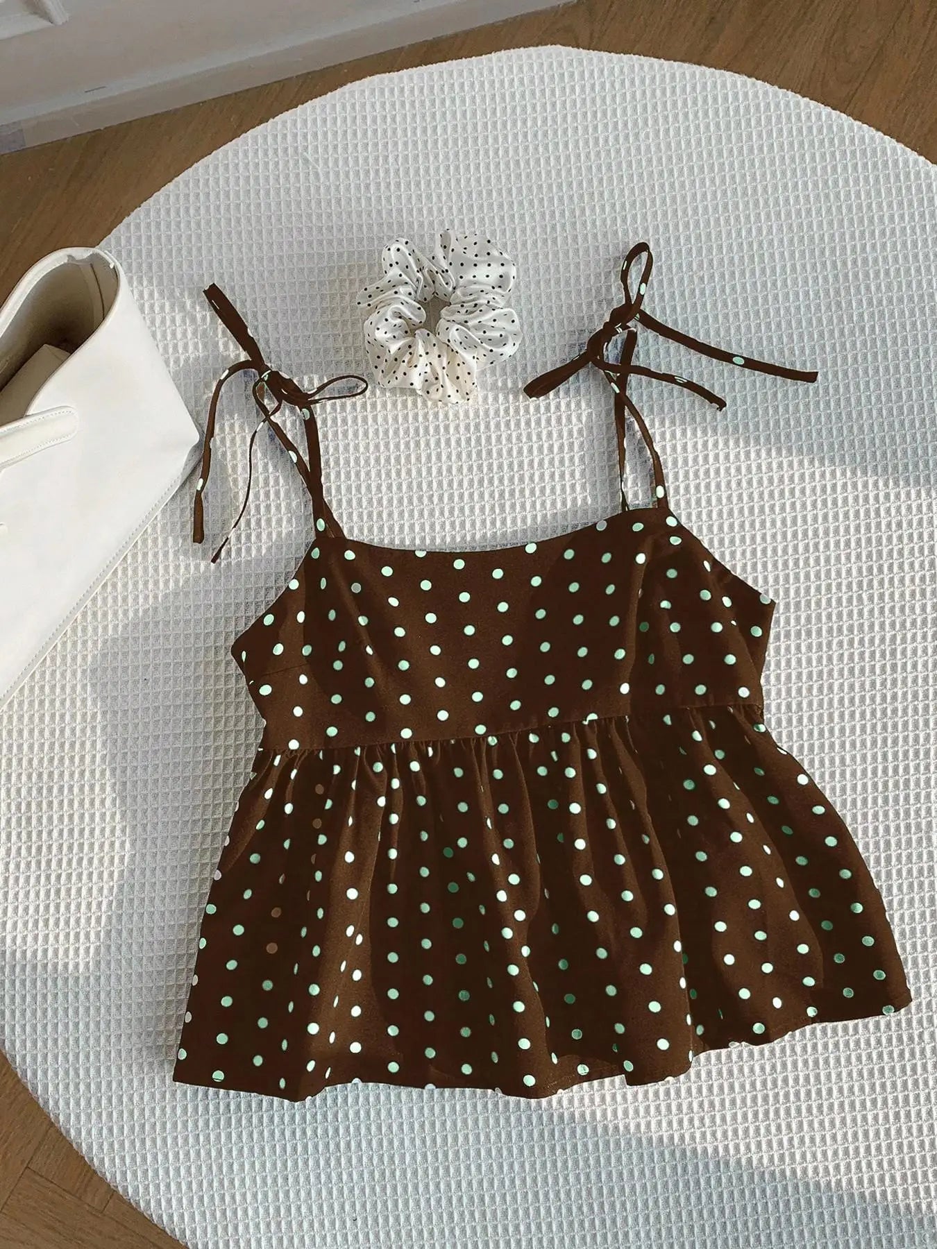 Playful Polka Dot Crop Top Women's Babydoll Cami Spaghetti Strap Lace Sleeveless Cute Casual Summer Spring Red Black Blue White Brown