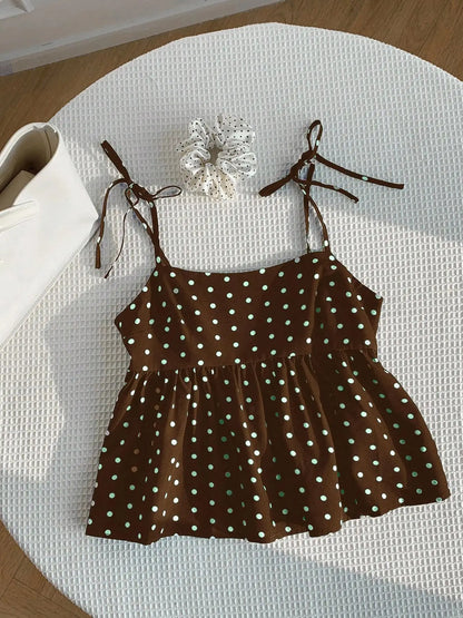 Playful Polka Dot Crop Top Women's Babydoll Cami Spaghetti Strap Lace Sleeveless Cute Casual Summer Spring Red Black Blue White Brown