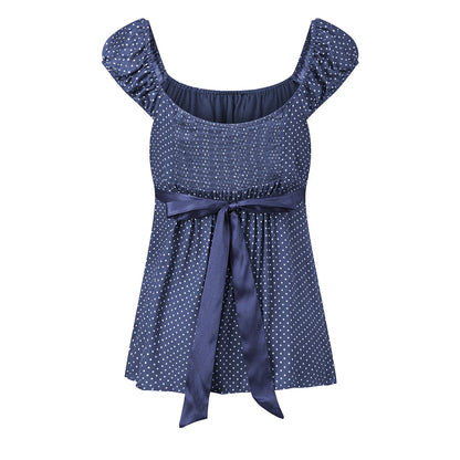 Y2K Babydoll Crop Top for Women V Neck Cap Sleeve Lace Tie Back Slim Fit Flowy Polka Dot Fairy Grunge Summer Blouse