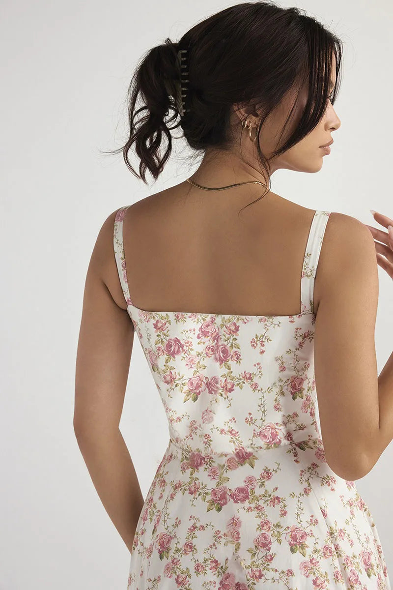 Elegant Floral Halter Camisole Dress Women's Summer Occasionwear Lightweight Natural Fiber Polyester White Multi Deep Blue