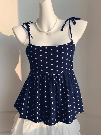Playful Polka Dot Crop Top Women's Babydoll Cami Spaghetti Strap Lace Sleeveless Cute Casual Summer Spring Red Black Blue White Brown