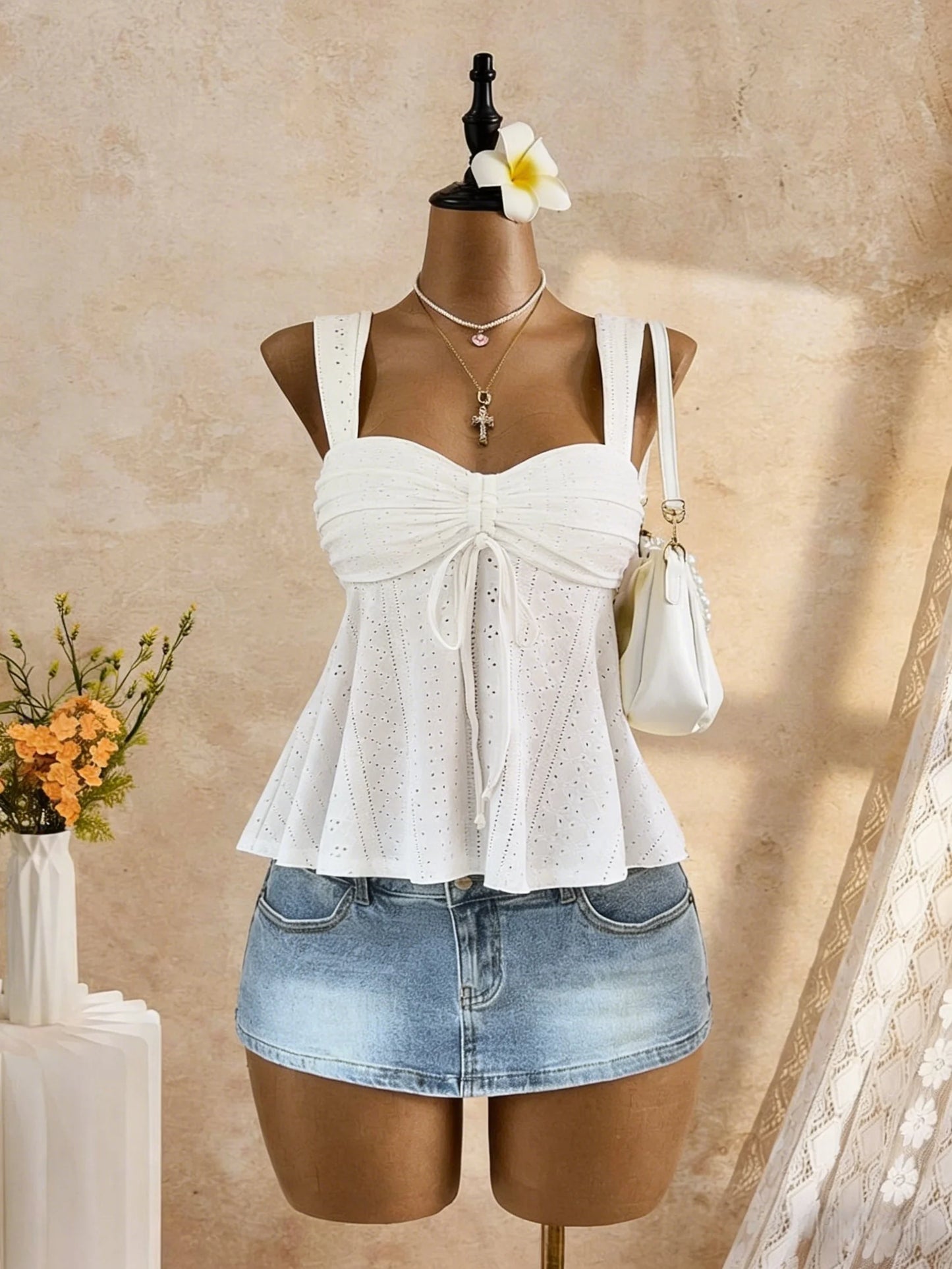 White Eyelet Lace Ruched Cami Top Women's Sleeveless Peplum Tie Front Casual Summer Knit White