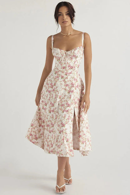 Elegant Floral Halter Camisole Dress Women's Summer Occasionwear Lightweight Natural Fiber Polyester White Multi Deep Blue