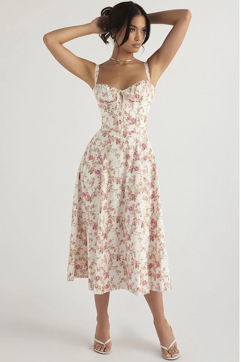 Elegant Floral Halter Camisole Dress Women's Summer Occasionwear Lightweight Natural Fiber Polyester White Multi Deep Blue