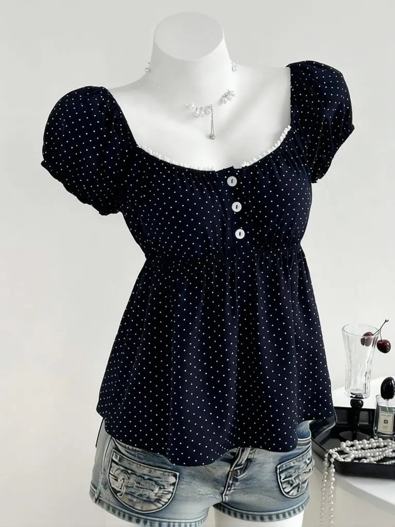 Vintage Polka Dot Babydoll Blouse Women's Puff Short Sleeve Chiffon Square Neck Korean Style Summer Top Navy Blue